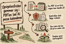 Illustreret infografik, der opsummerer: Opsigelsesfristen gemmer sig i PDF’en: lad AI passe kalenderen