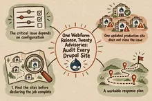 Illustrated infographic summarizing: One Webform Release, Twenty Advisories: Audit Every Drupal Site