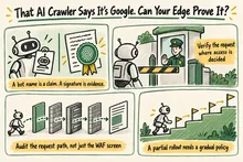Illustrated infographic summarizing: That AI Crawler Says It’s Google. Can Your Edge Prove It?
