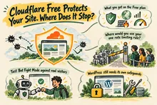 Illustrated infographic summarizing: Cloudflare Free Protects Your Site. Where Does It Stop?