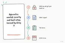 Illustrated infographic summarizing: Apprentice wanted: security and SaaS setup, learned by doing it