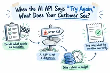 Illustrated infographic summarizing: When the AI API Says “Try Again,” What Does Your Customer See?