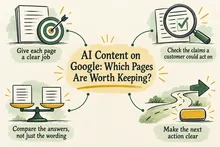 Illustrated infographic summarizing: AI Content on Google: Which Pages Are Worth Keeping?