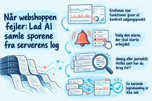 Illustreret infografik, der opsummerer: Når webshoppen fejler: Lad AI samle sporene fra serverens log