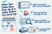 Illustrated infographic summarizing: When Your Online Store Fails: Use AI to Gather Evidence from Server Logs