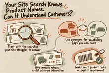 Illustrated infographic summarizing: Your Site Search Knows Product Names. Can It Understand Customers?