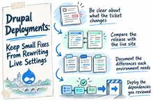 Illustrated infographic summarizing: Drupal Deployments: Keep Small Fixes From Rewriting Live Settings