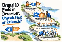 Illustrated infographic summarizing: Drupal 10 Ends in December: Upgrade First or Relaunch?