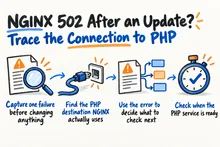 Illustrated infographic summarizing: NGINX 502 After an Update? Trace the Connection to PHP