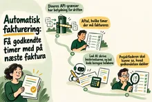 Illustreret infografik, der opsummerer: Automatisk fakturering: Få godkendte timer med på næste faktura
