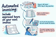 Illustrated infographic summarizing: Automated invoicing: Include approved hours on your next invoice