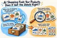 Illustrated infographic summarizing: AI Shopping Finds Your Products. Does It Get the Details Right?