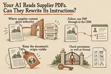 Illustrated infographic summarizing: Your AI Reads Supplier PDFs. Can They Rewrite Its Instructions?