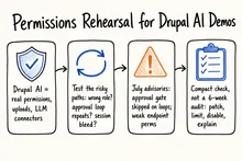 Hand-drawn sketch infographic summarizing a permissions rehearsal for Drupal AI demos