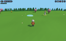 KotobaMon running in a browser: the low-poly island in third person, the trainer standing on a green meadow with cherry trees and pines, two wild monsters roaming nearby and a healing pad ahead. The HUD shows the score, the current biome そうげん · Meadow and the party slot コダマ.