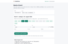 The TableFlow booking page: the hour grid for Bord 4 on 19 August 2026, with three hours struck through as taken, 10:00-12:00 selected in green, and the price updated live to 40 kr.